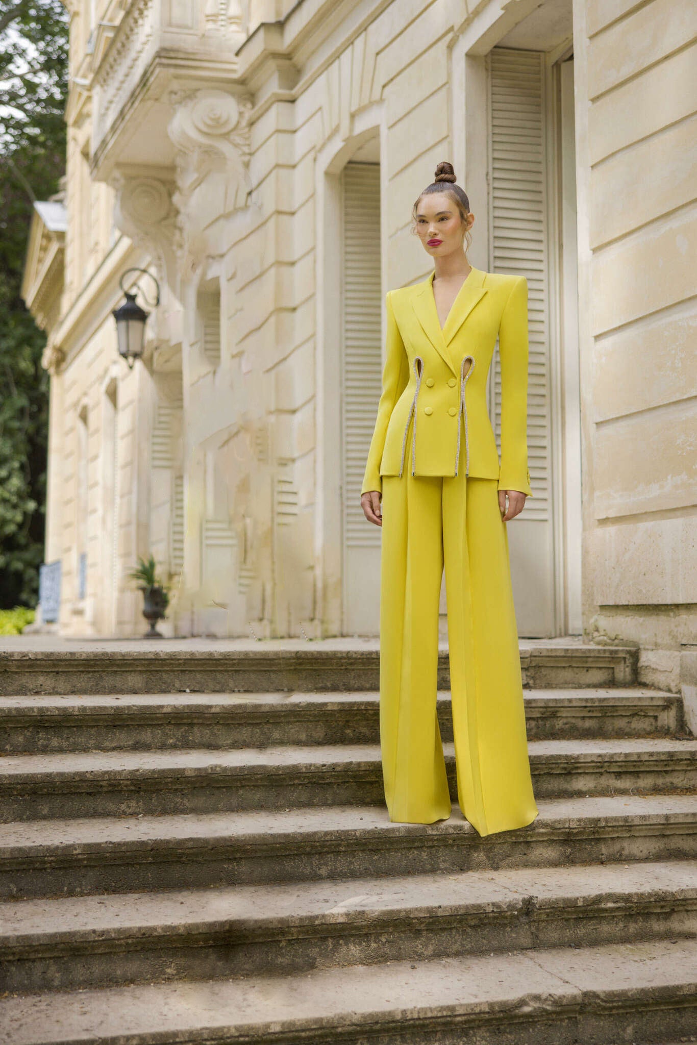 Long Sleeve Crystal Trim Suit Yellow HV9927