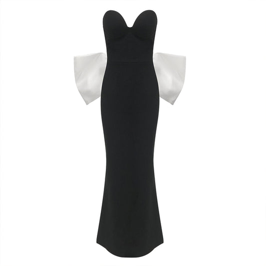 Strapless Bustier Bow Detail Maxi Dress Black White HV10110