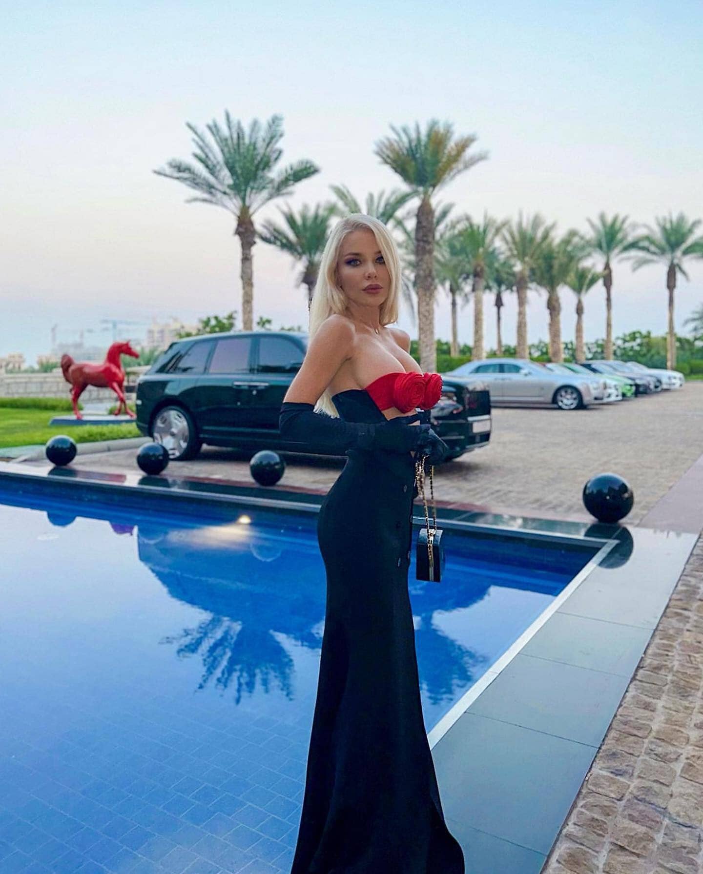 Rose Bustier Mermaid Maxi Dress Black Red HV9744