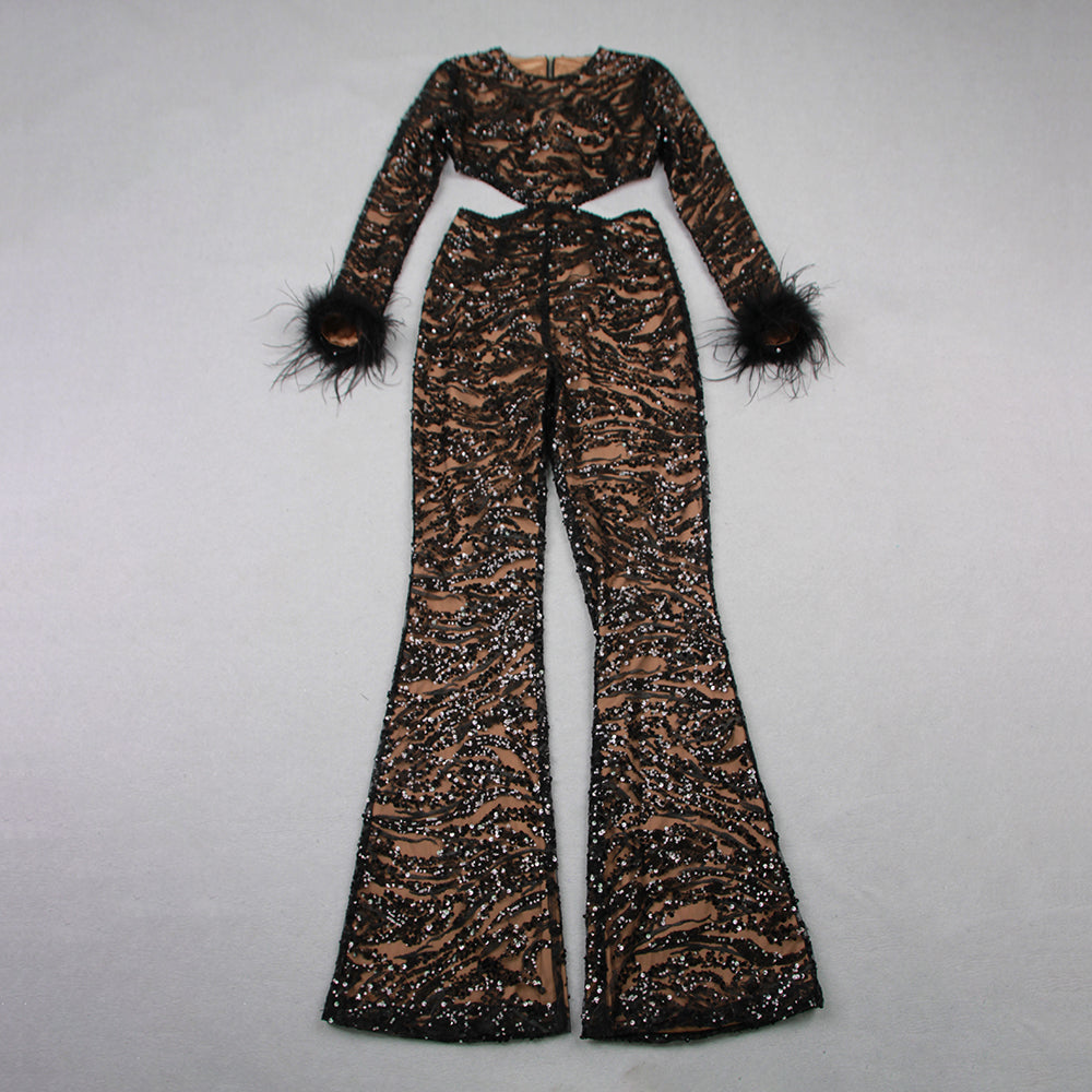 Long Sleeve Feather Sequin Jumpsuit Black HV9961