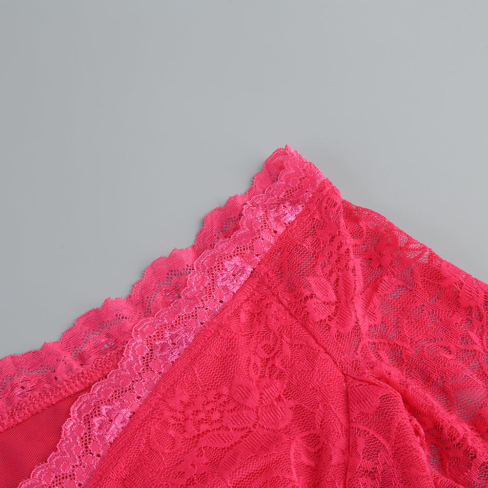 Long Sleeve Lace Ruffle Two Piece Dress Hot Pink HV1434