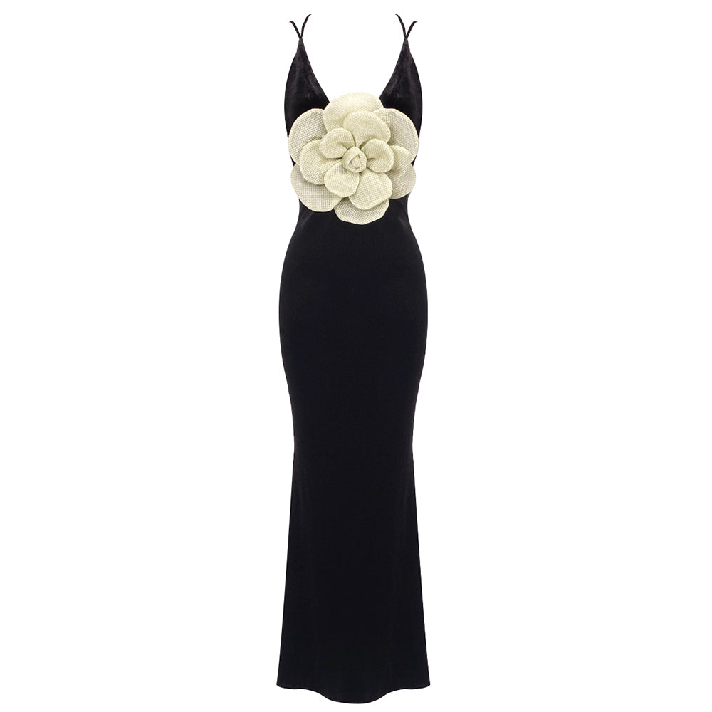 Flower Detail Maxi Velvet Dress Black HV1622