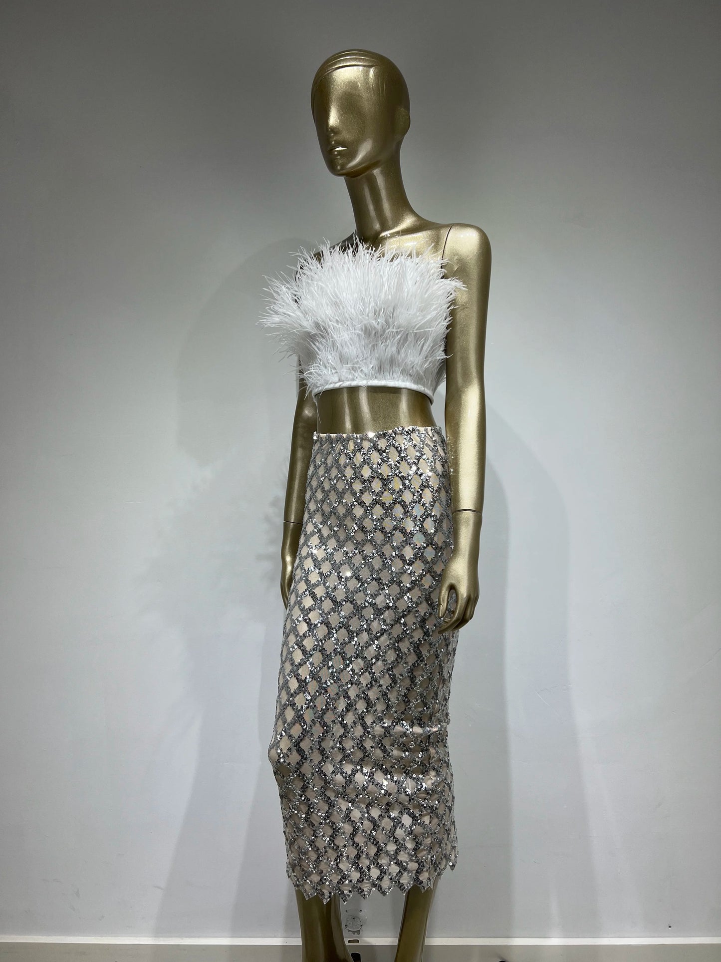 Strapless Feather Maxi Two Piece Dress HV8893