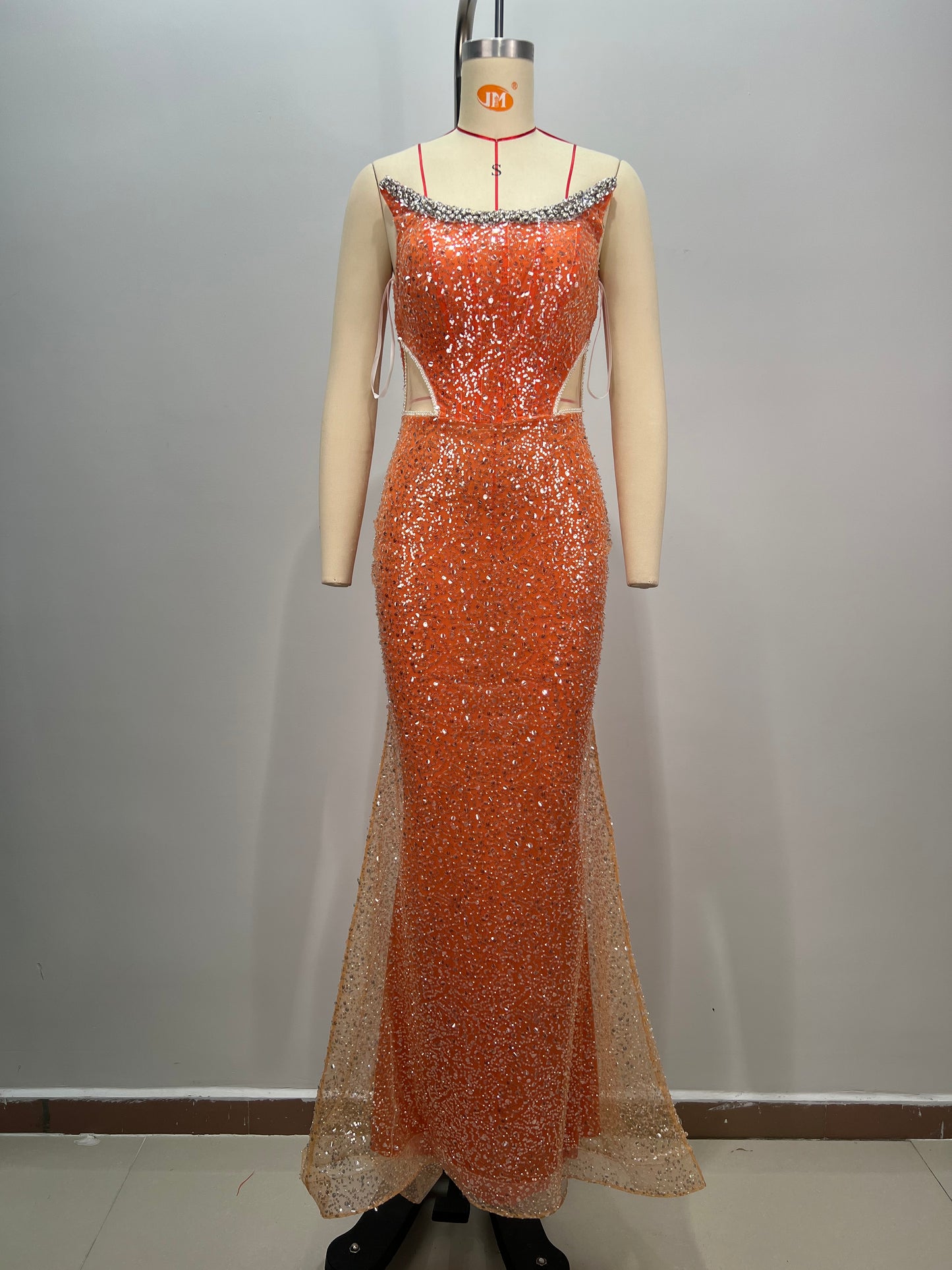 Strapless Crystal Sequin Maxi Dress Orange HV1756