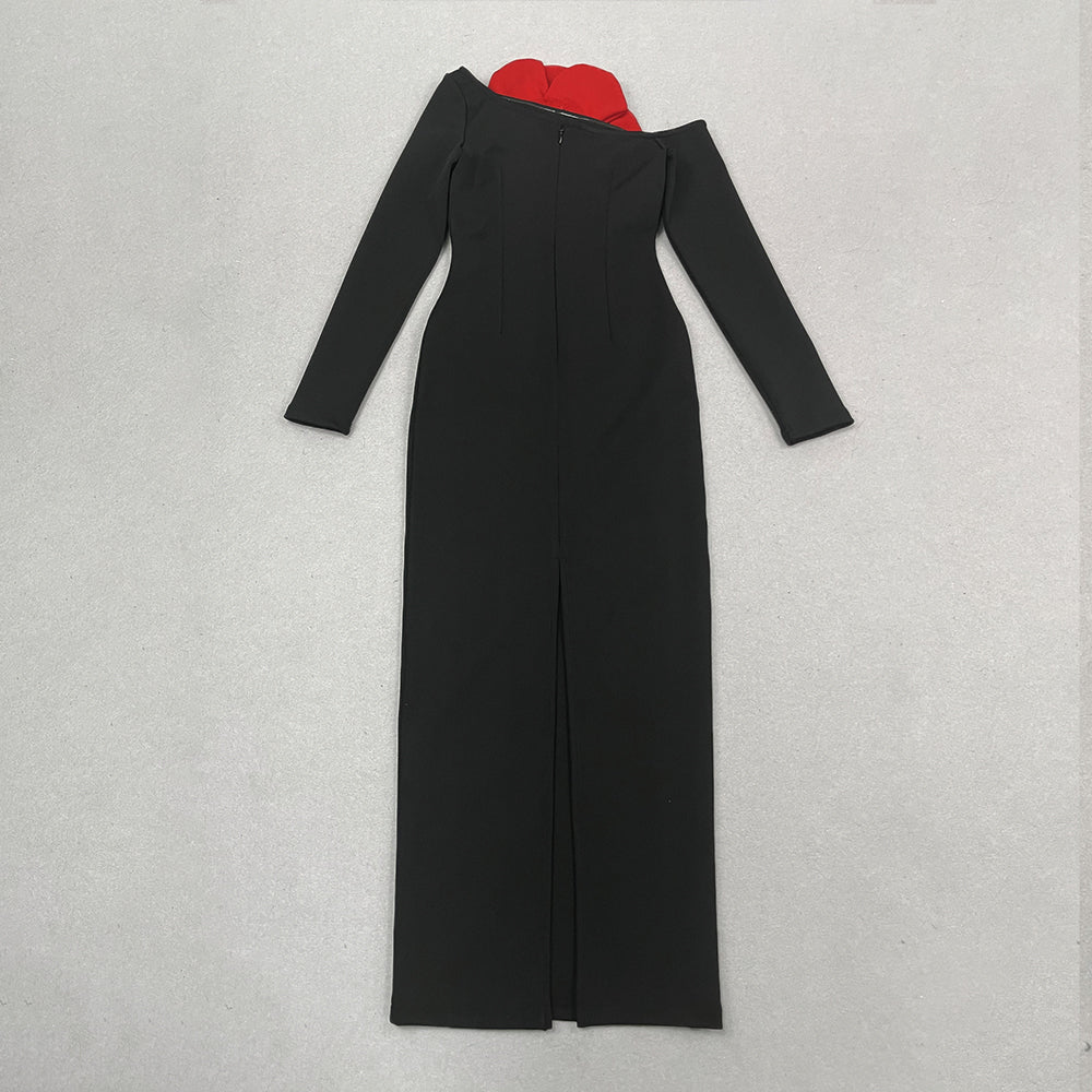 Long Sleeve Rose Detail Maxi Dress Black Red HV1031