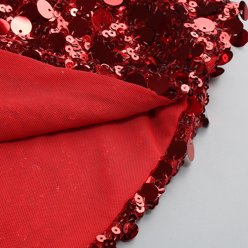 Draped Sequin Maxi Dress Red Silver HV1924