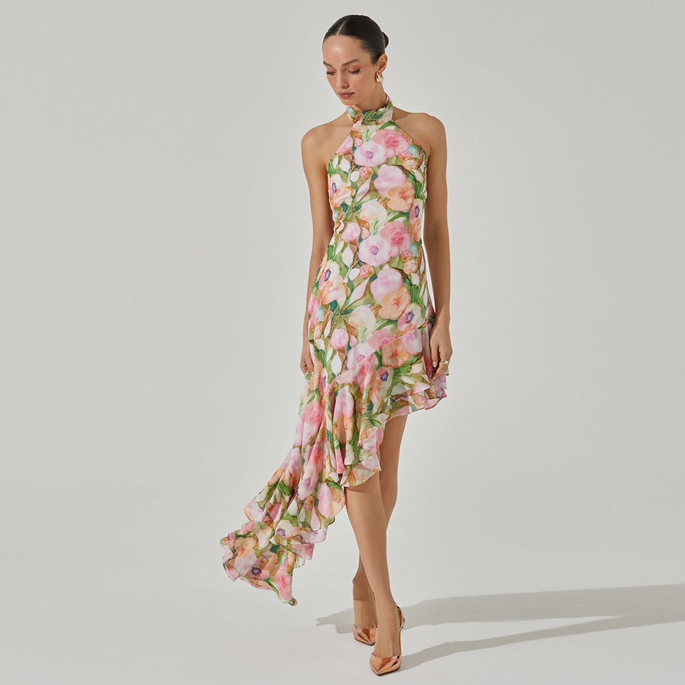 Halter Floral Ruffle Maxi Dress HV1035