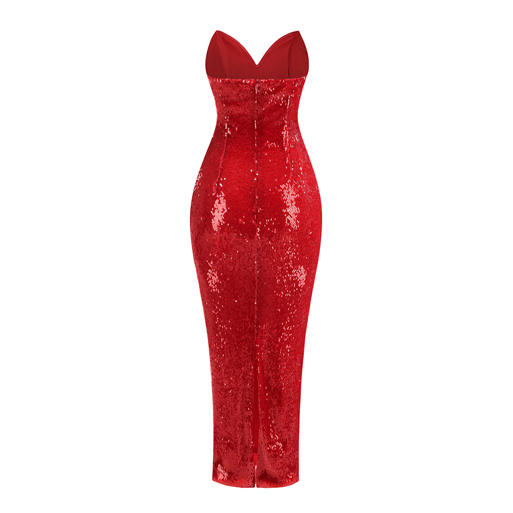 Strapless Crystal Sequin Midi Dress Red