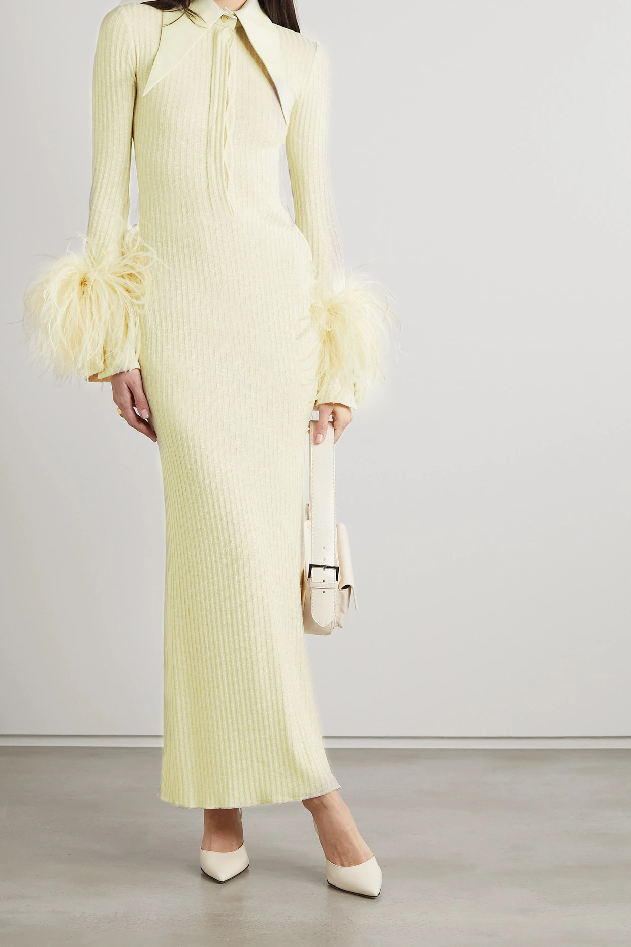 Long Sleeve Feather Ribbed Maxi Dress Ivory HV8975