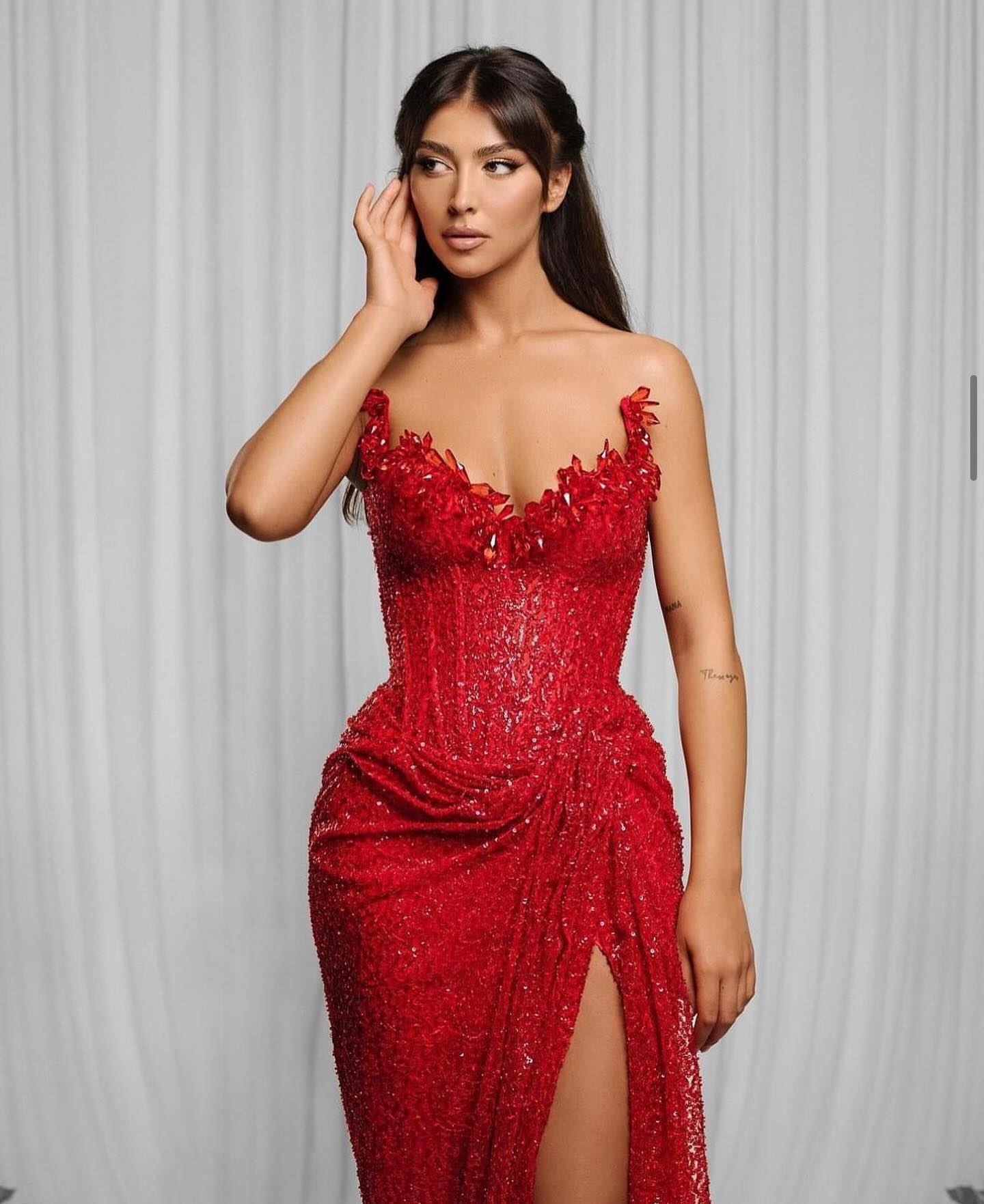Strapless Crystal Bustier Sequin Maxi Dress Red HV179