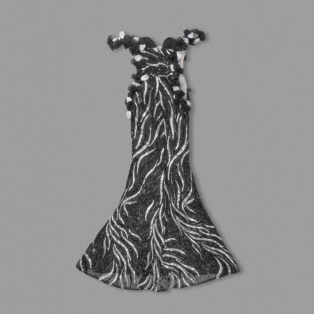 Bardot Petal Sequin Maxi Dress Black Silver HV1743