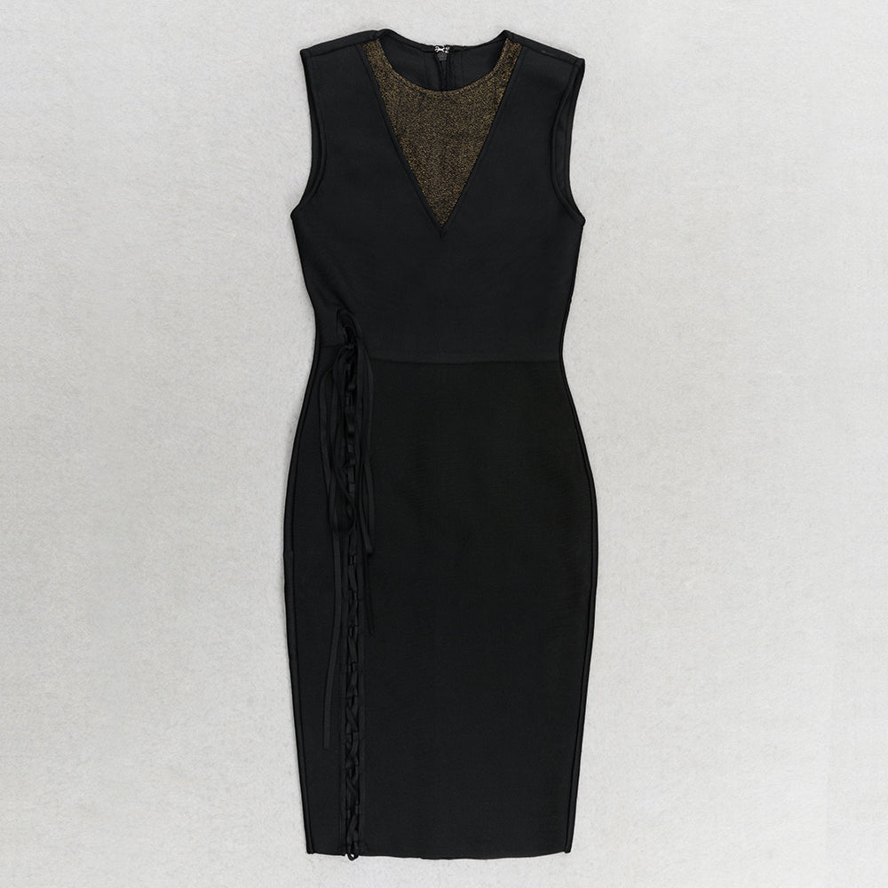 Lace Up Detail Sparkly Mesh Dress Black HV9556