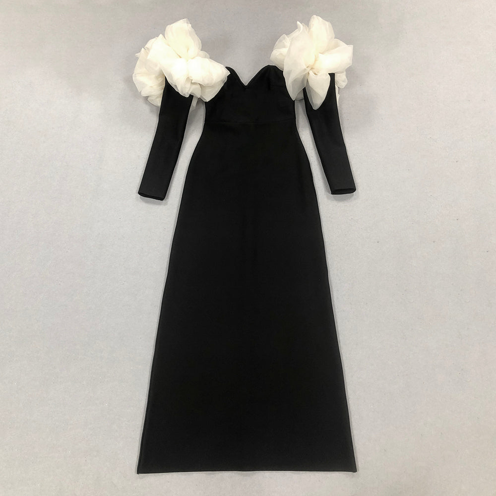 Long Sleeve Bardot Mesh Detail Maxi Dress HV1803
