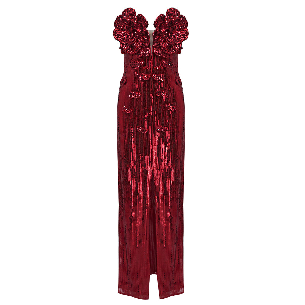 Strapless Flower Sequin Maxi Dress Red HV1007