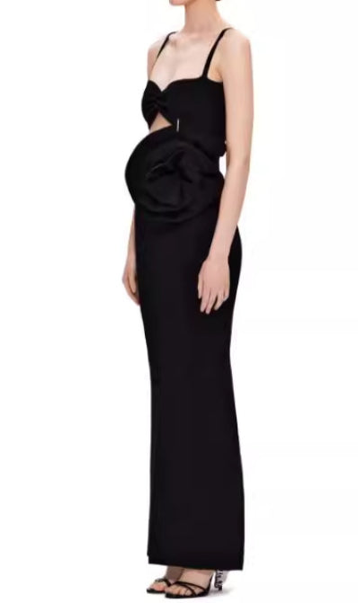 Floral Detail Ribbed Maxi Dress Black