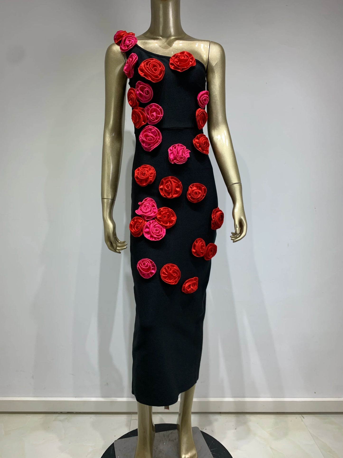 One Shoulder Rose Detail Midi Dress Black HV1094