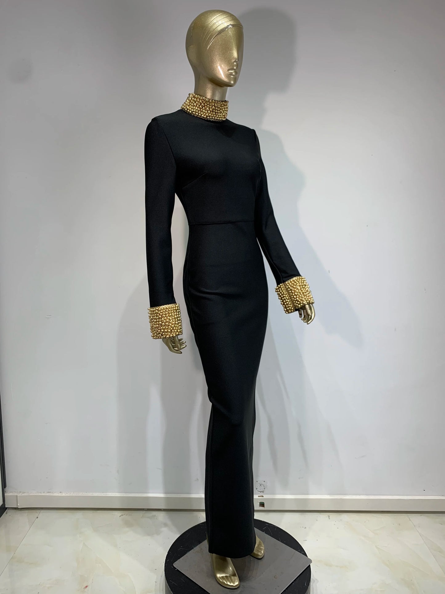 Long Sleeve Embellished Backless Maxi Dress Black HV1739