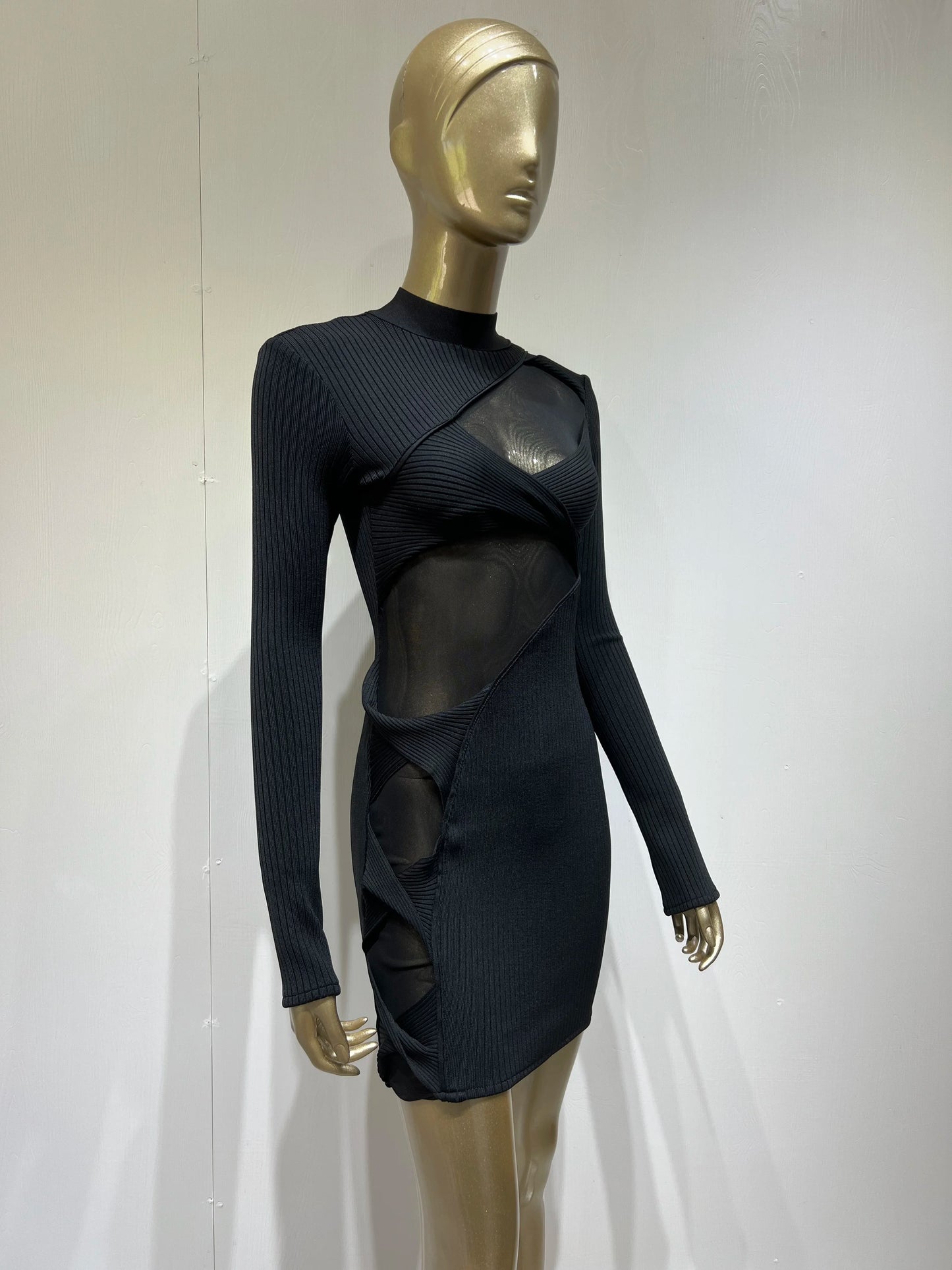 Long Sleeve Mesh Insert Ribbed Dress Black