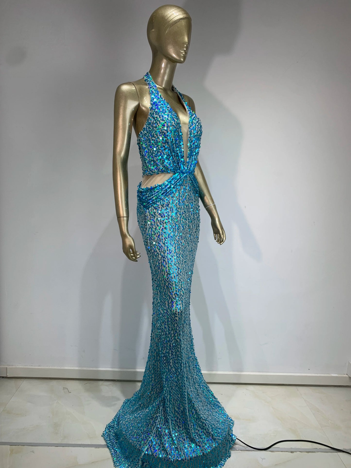 Halter Sequin Maxi Dress Turquoise HV1539