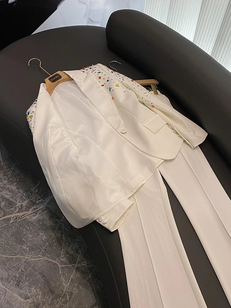 Long Sleeve Embellished Suit White