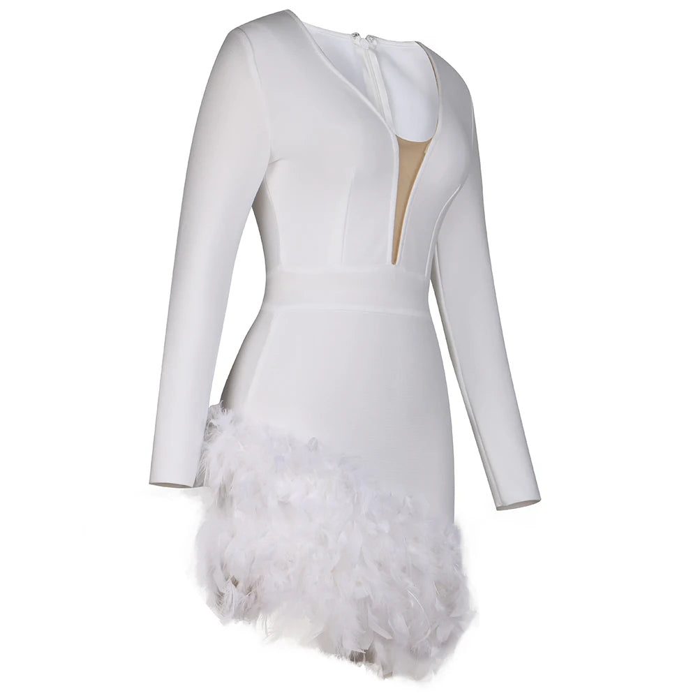 Long Sleeve Rhinestone Feather Dress HV9215