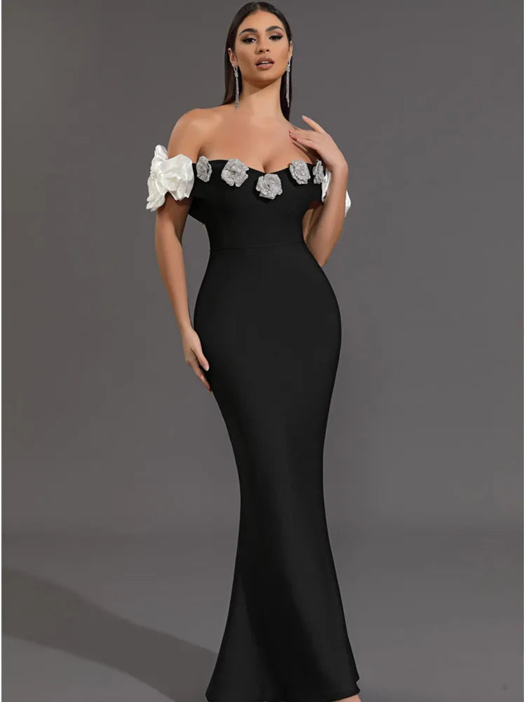 Floral Bardot Maxi Dress Black White HV1469