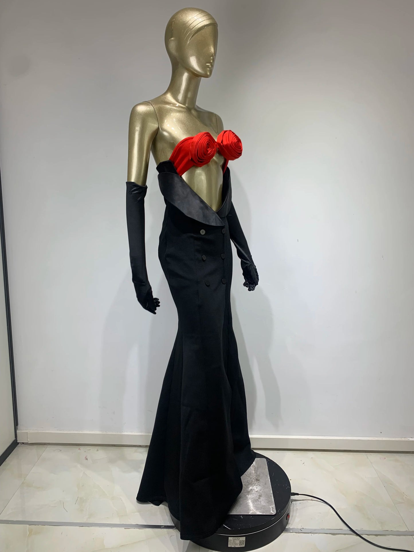 Rose Bustier Mermaid Maxi Dress Black Red HV9744