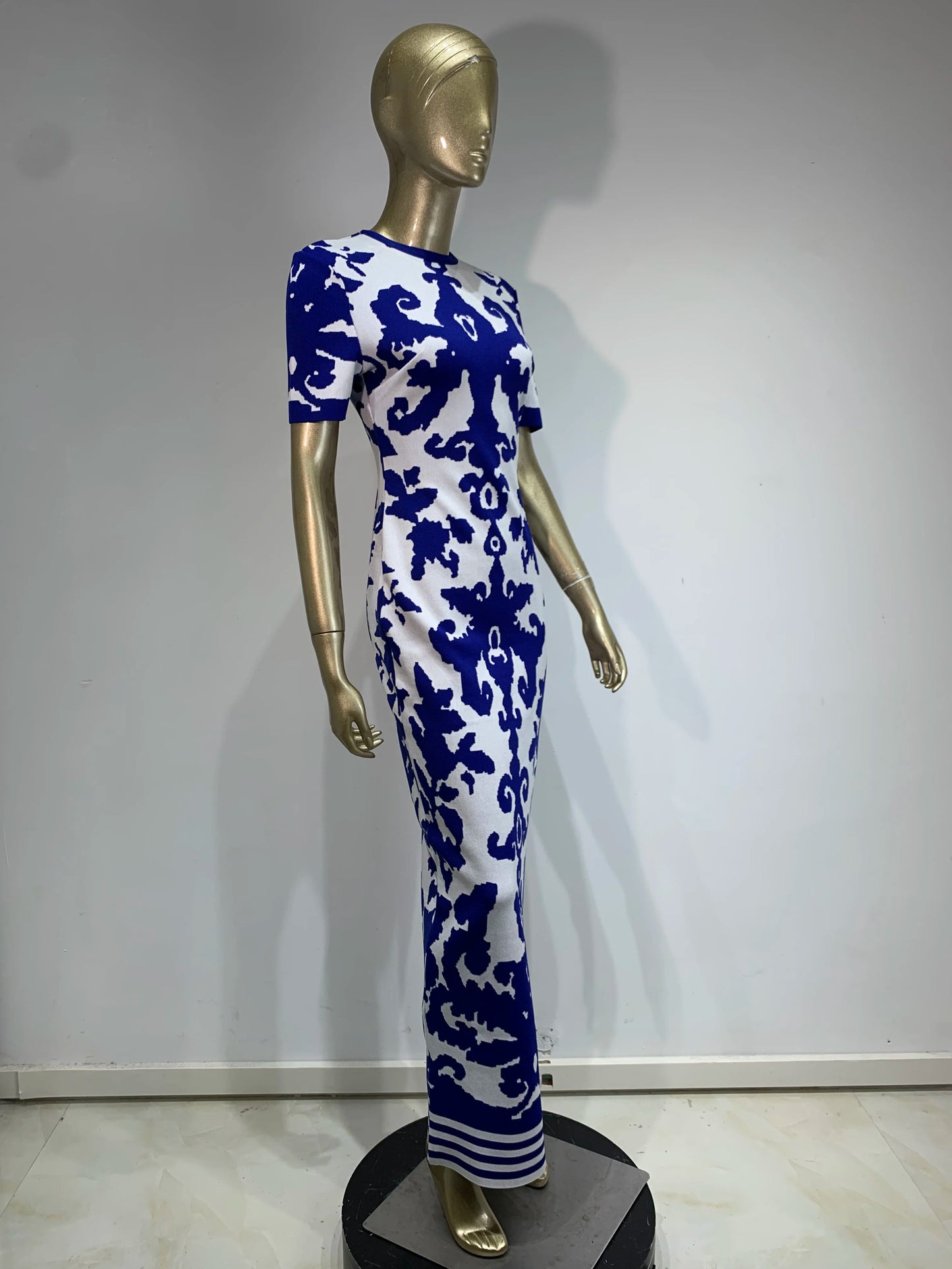 Short Sleeve Printed Maxi Dress Blue White HV1737