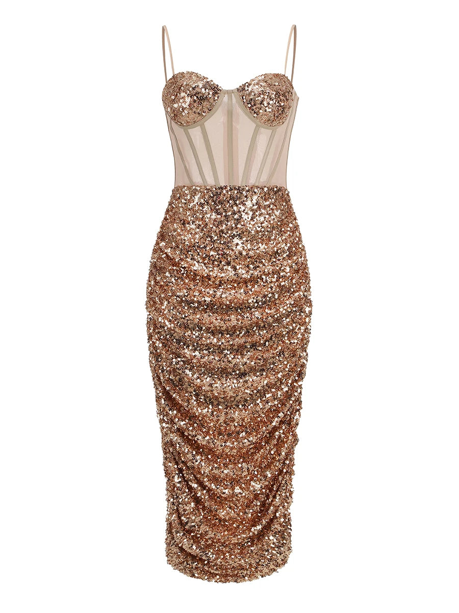 Sequin Bustier Draped Midi Dress HV9306
