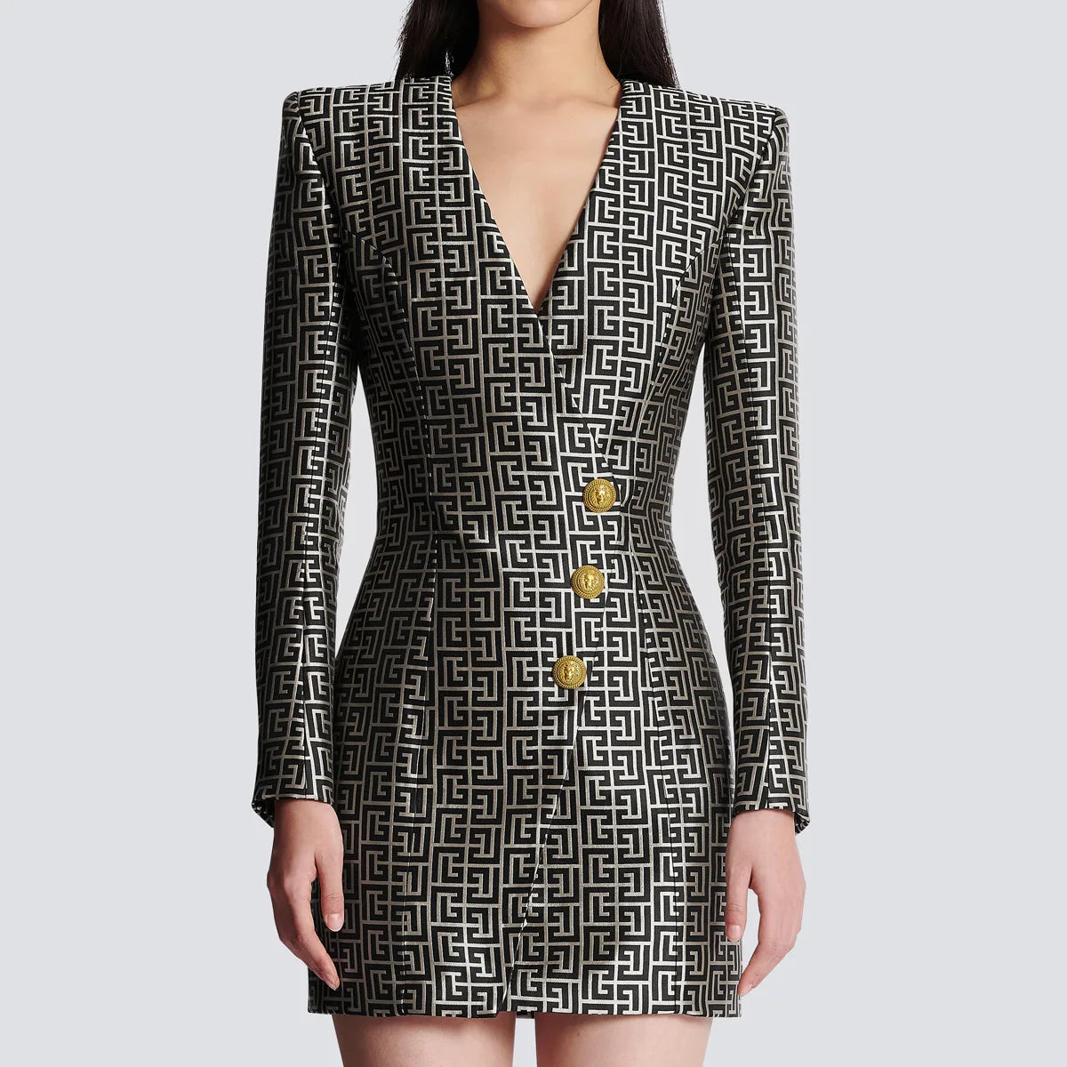Long Sleeve Button Blazer Dress Black White