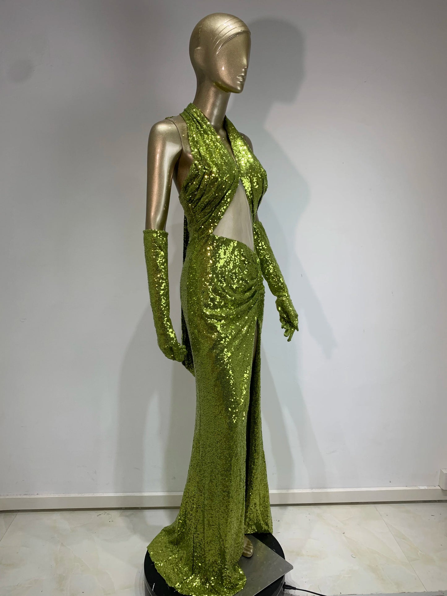 Halter Draped Sequin Maxi Dress Green HV1141