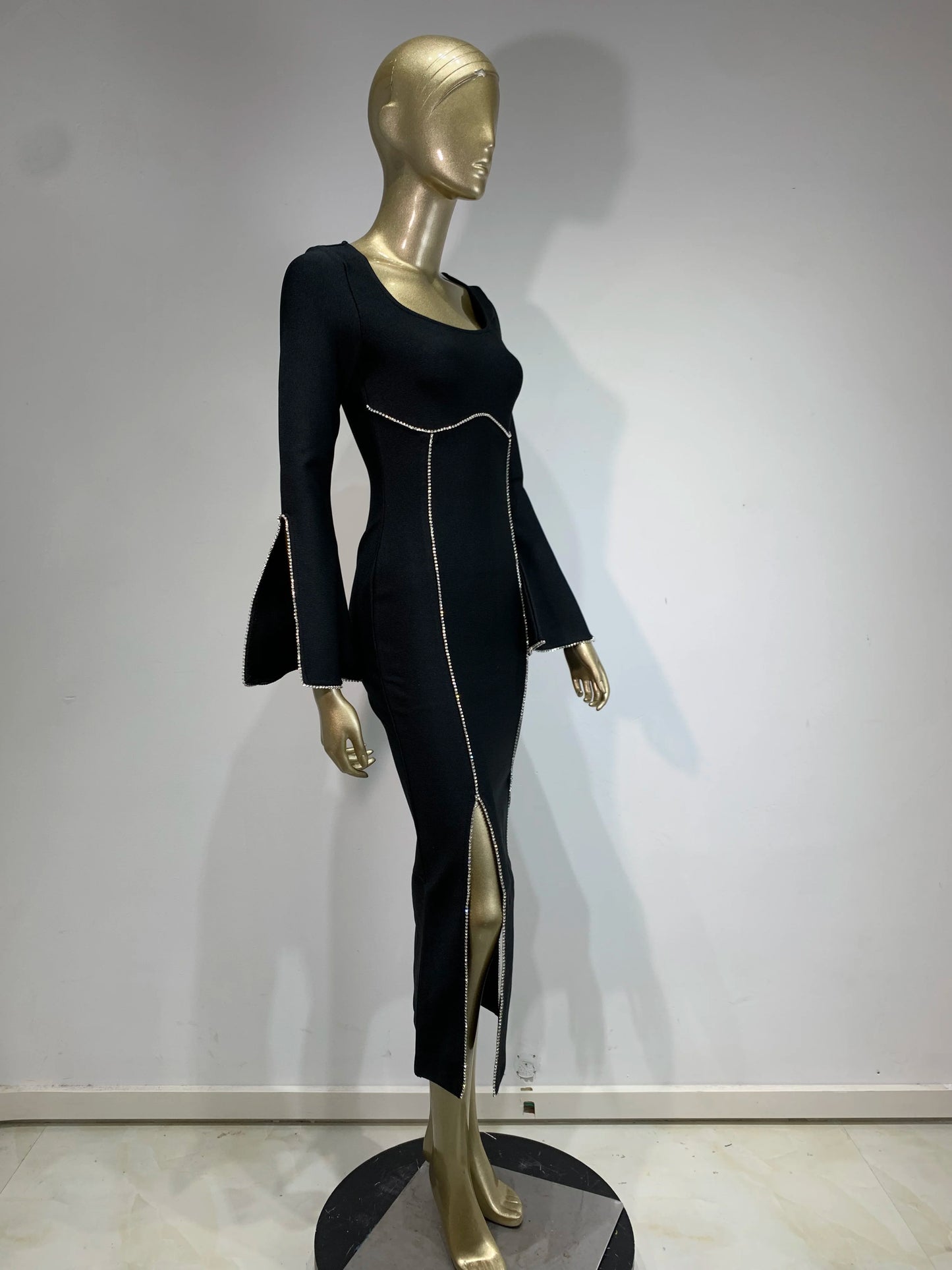 Long Sleeve Crystal Trim Midi Dress Black