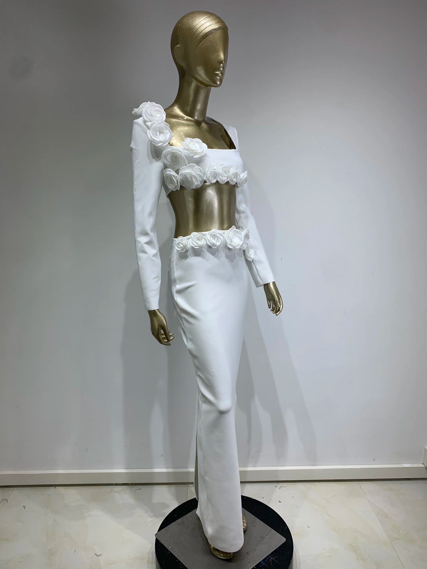 Long Sleeve Flower Detail Two Piece Maxi Dress White HV1155