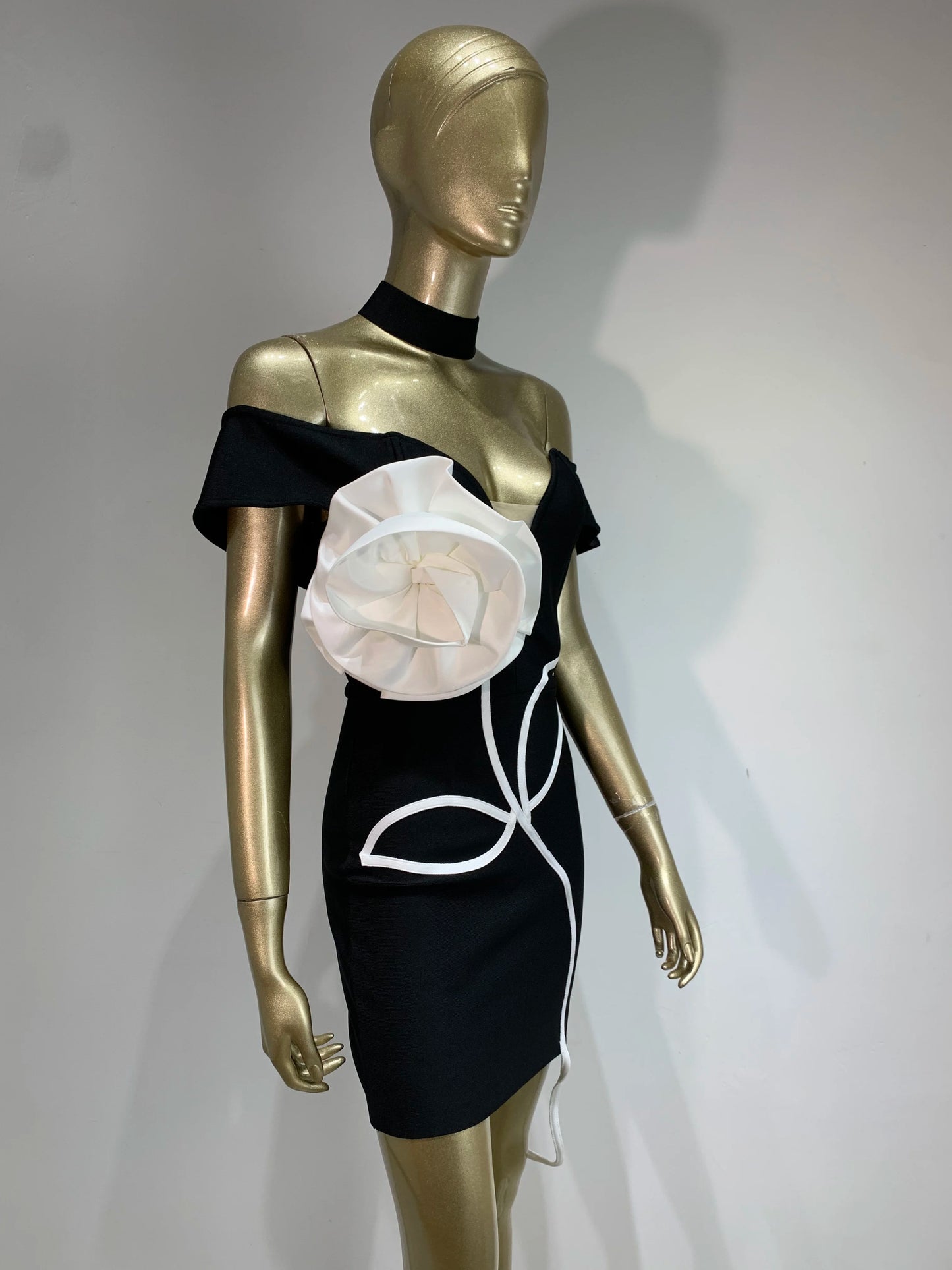 Floral Bardot Dress Black White HV1595