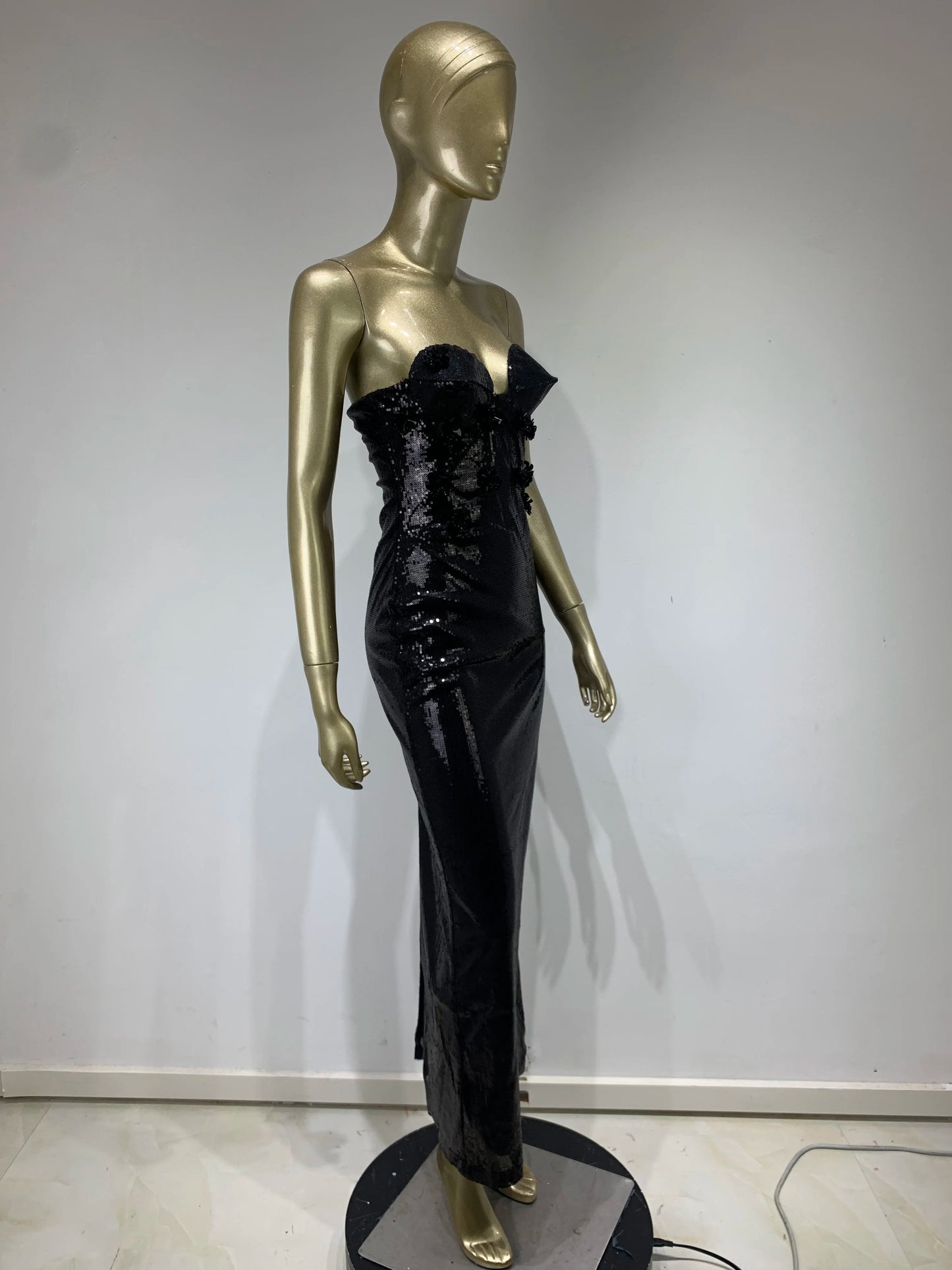 Strapless Bustier Detail Sequin Maxi Dress Black HV9722
