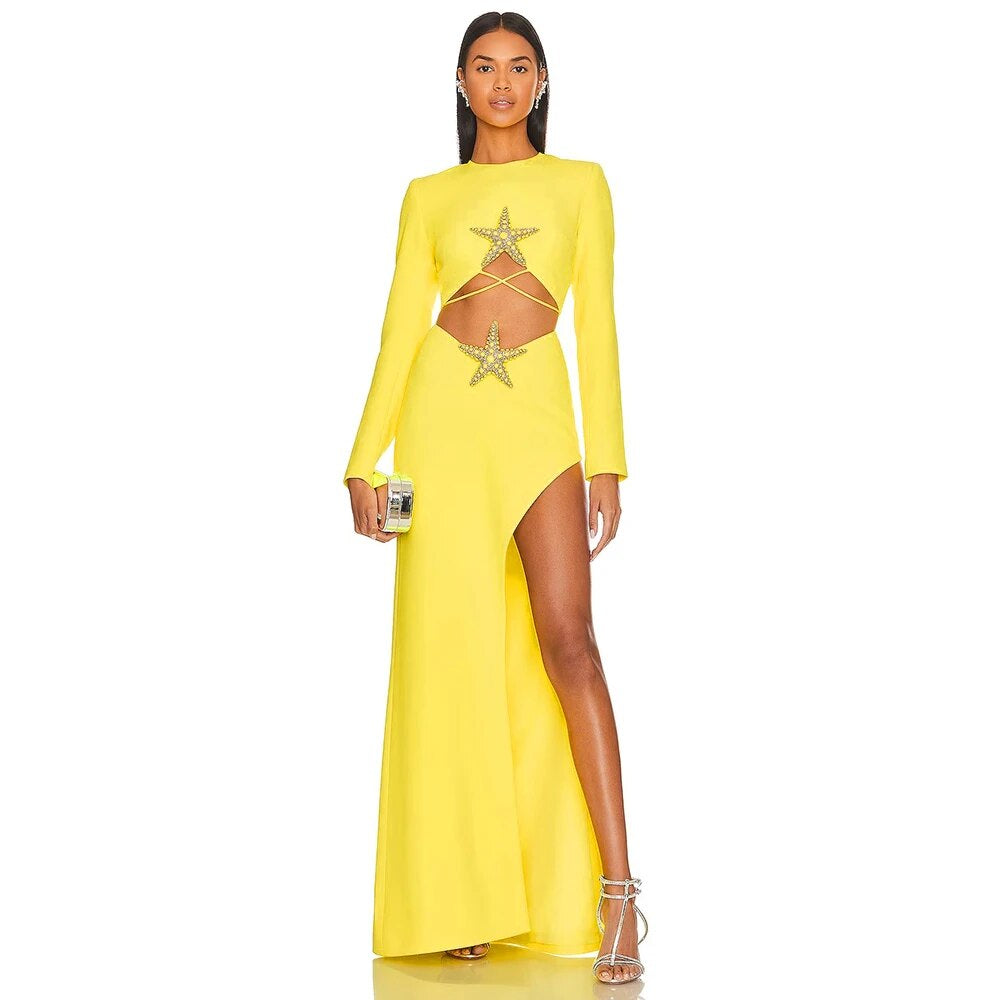 Long Sleeve Star Detail Two Piece Maxi Dress Yellow HV9902