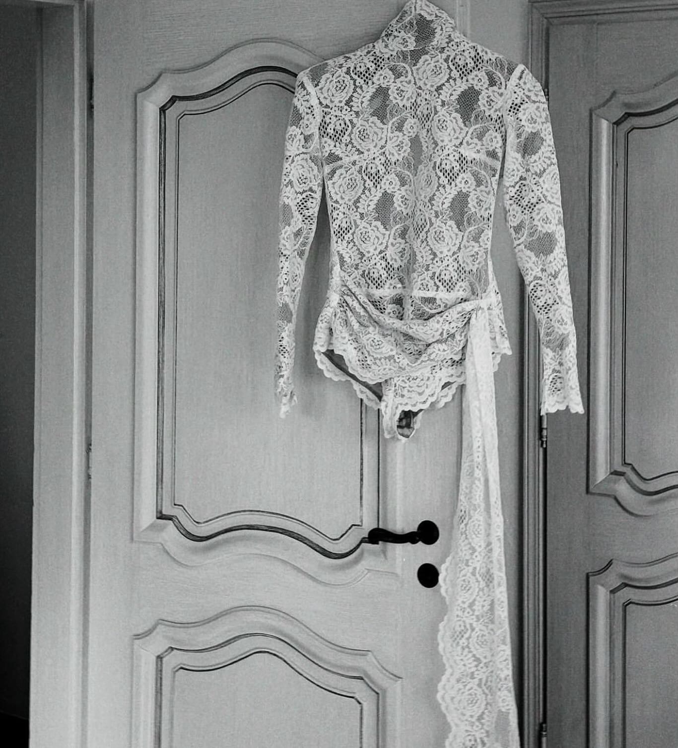 Long Sleeve Draped Lace Bodysuit White HV1546