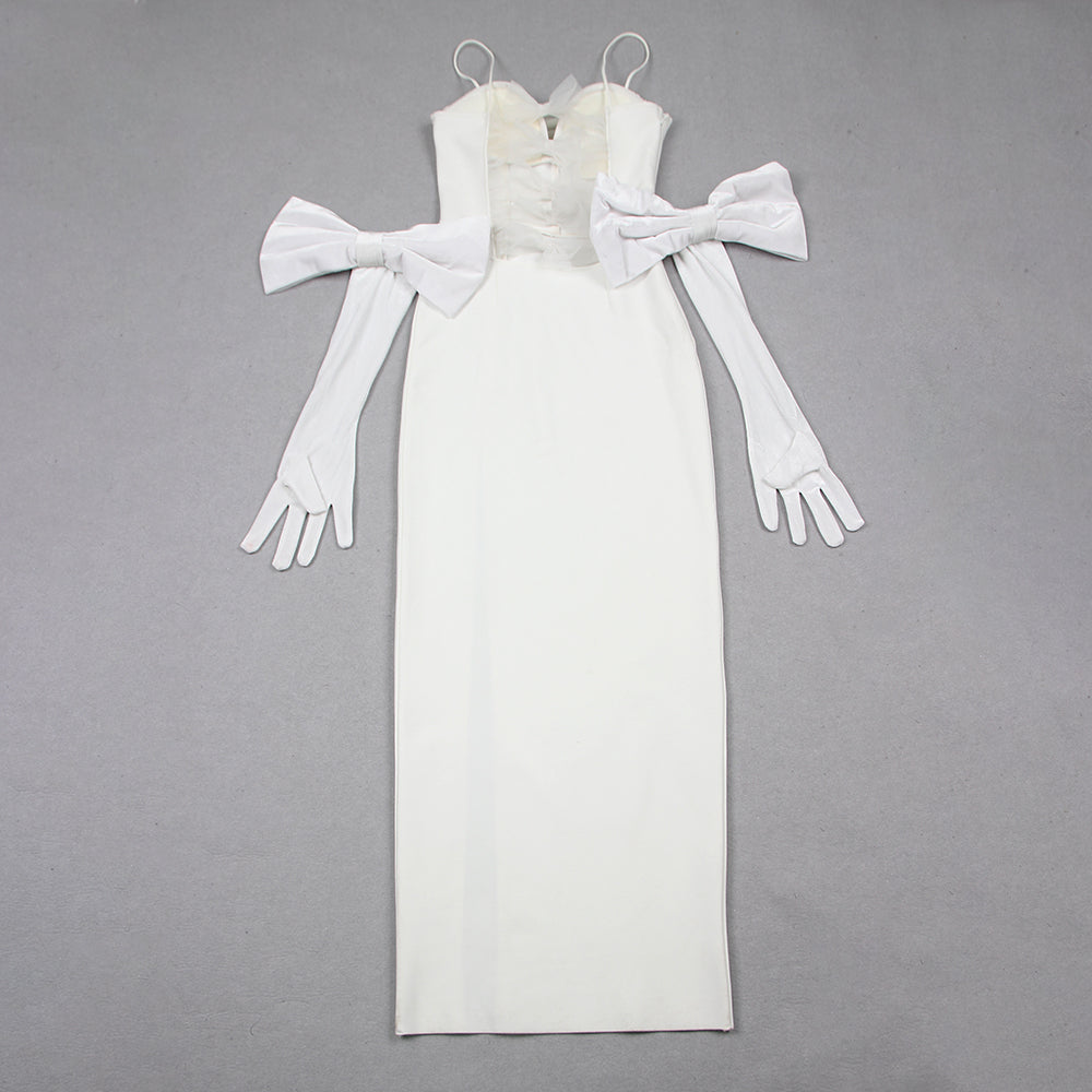 Draped Mesh Bow Maxi Dress White HV1118