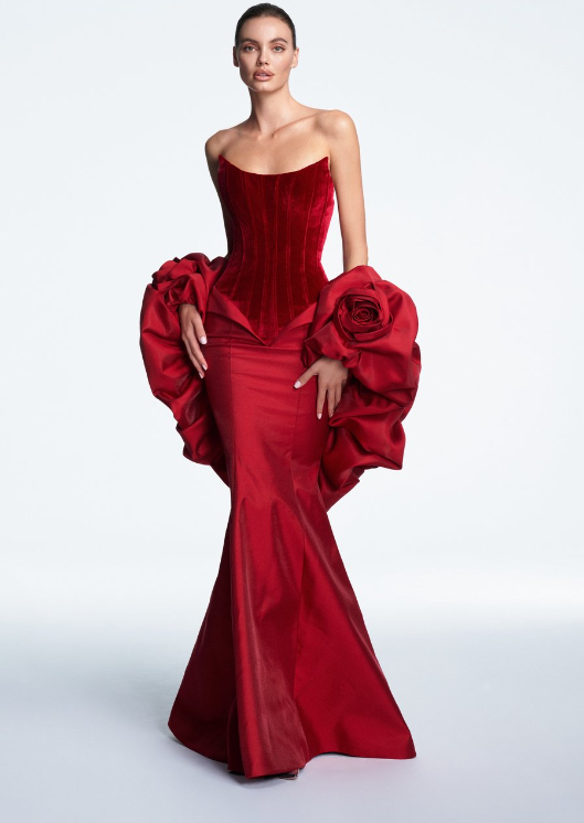 Strapless Floral Puff Detail Corset Maxi Dress Red