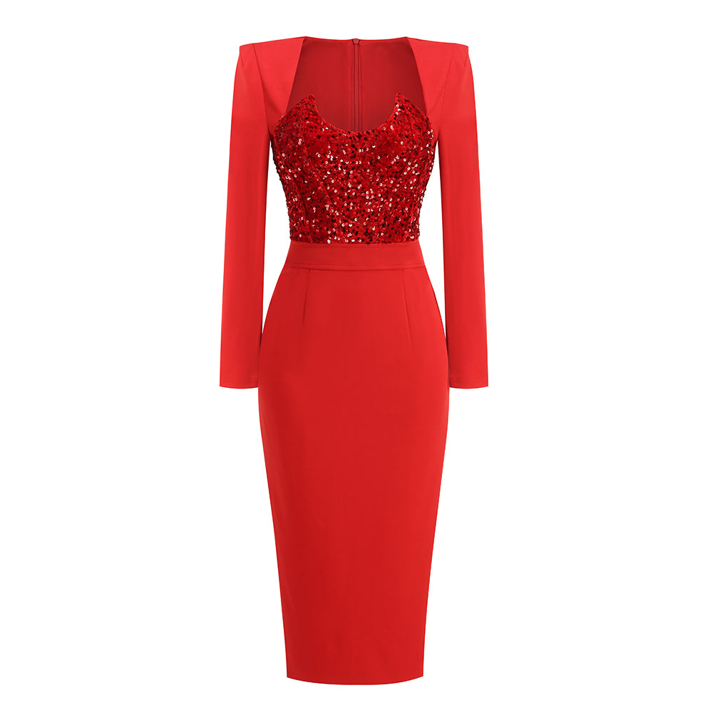 Long Sleeve Sequin Insert Midi Dress  HV1565