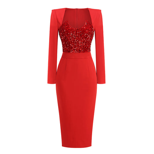 Long Sleeve Sequin Insert Midi Dress  HV1565
