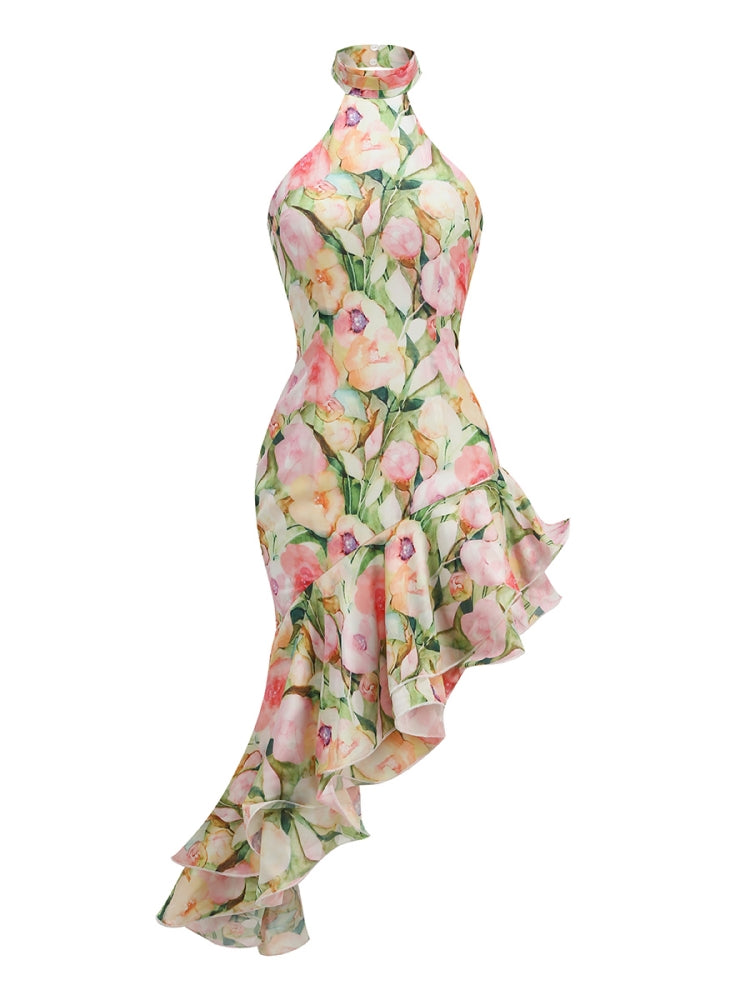 Halter Floral Ruffle Maxi Dress HV1035