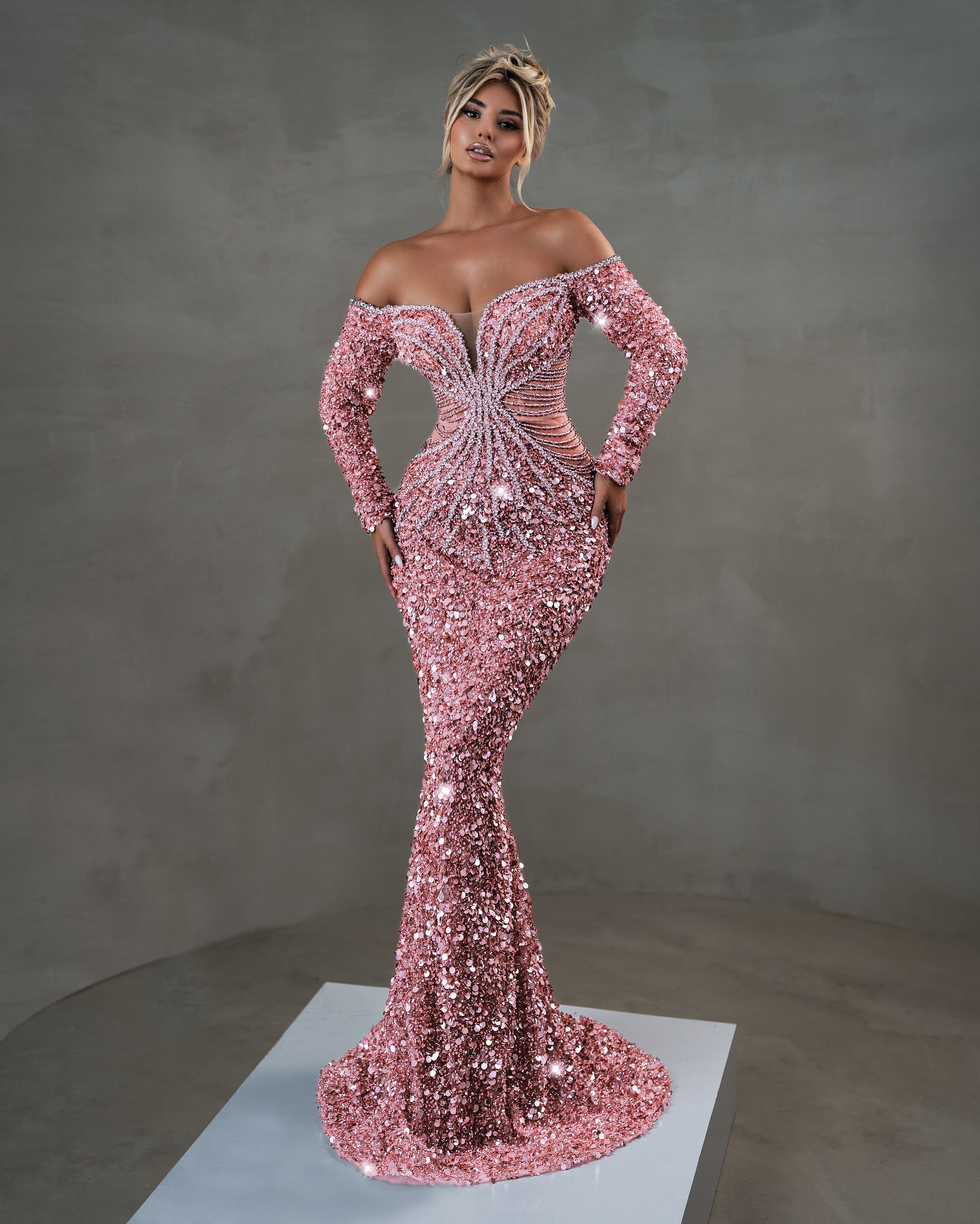 Long Sleeve Bardot Crystal Sequin Maxi Dress Pink HV2001