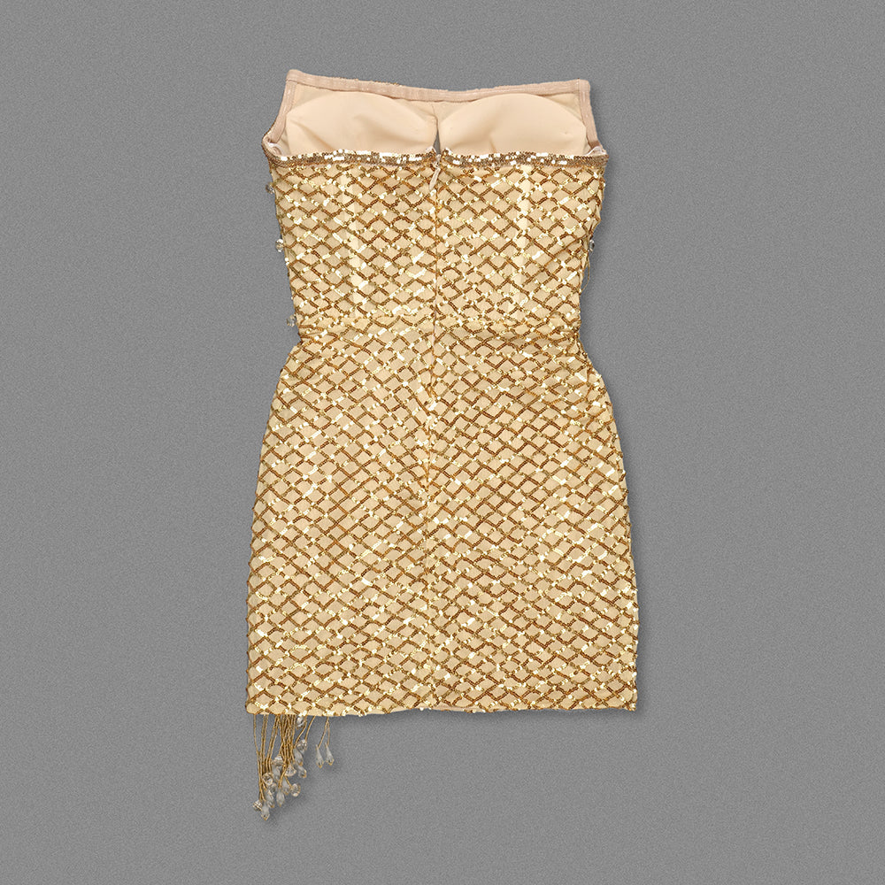 Strapless Sequin Tassel Dress Gold HV1794