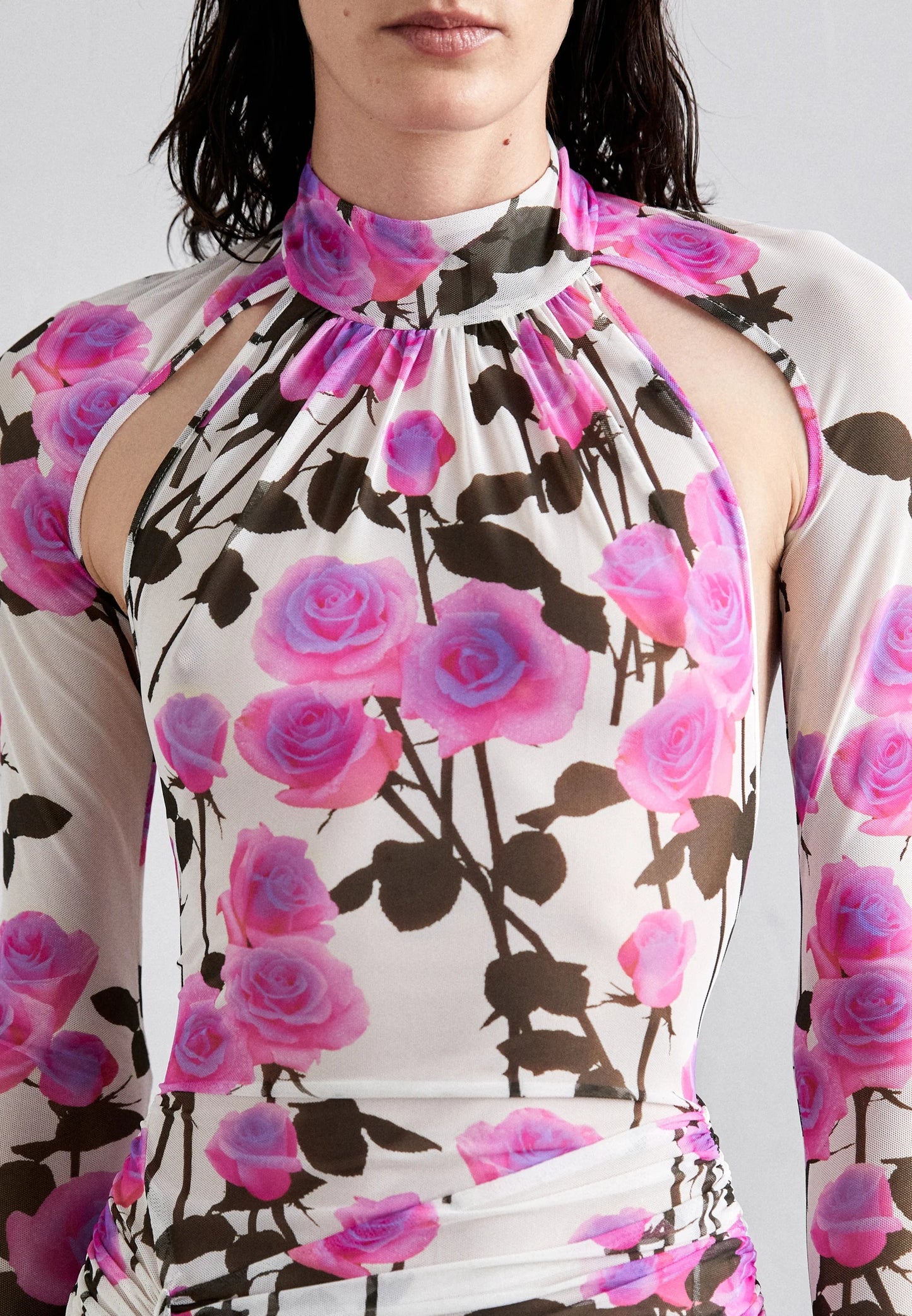 Long Sleeve Floral Backless Dress Pink HV1938