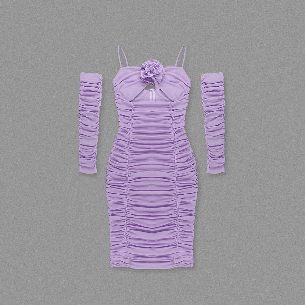 Long Sleeve Ruched Floral Midi Dress Lavender HV1284