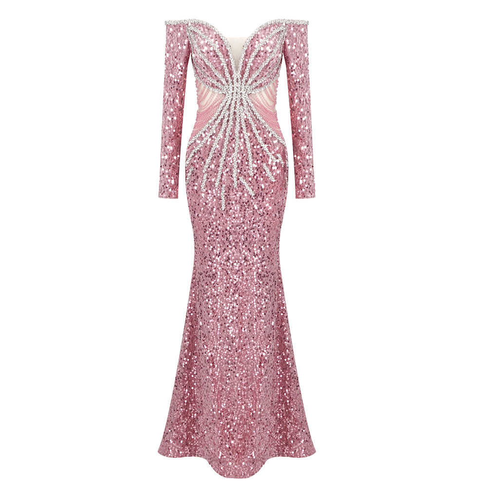 Long Sleeve Bardot Crystal Sequin Maxi Dress Pink HV2001