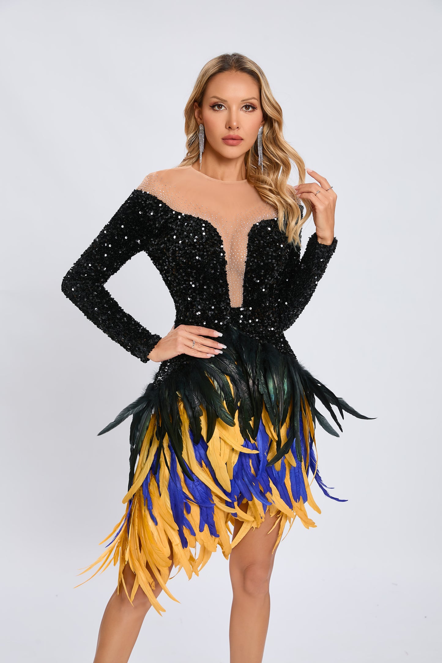 Long Sleeve Sequin Feather Dress Black HV1980
