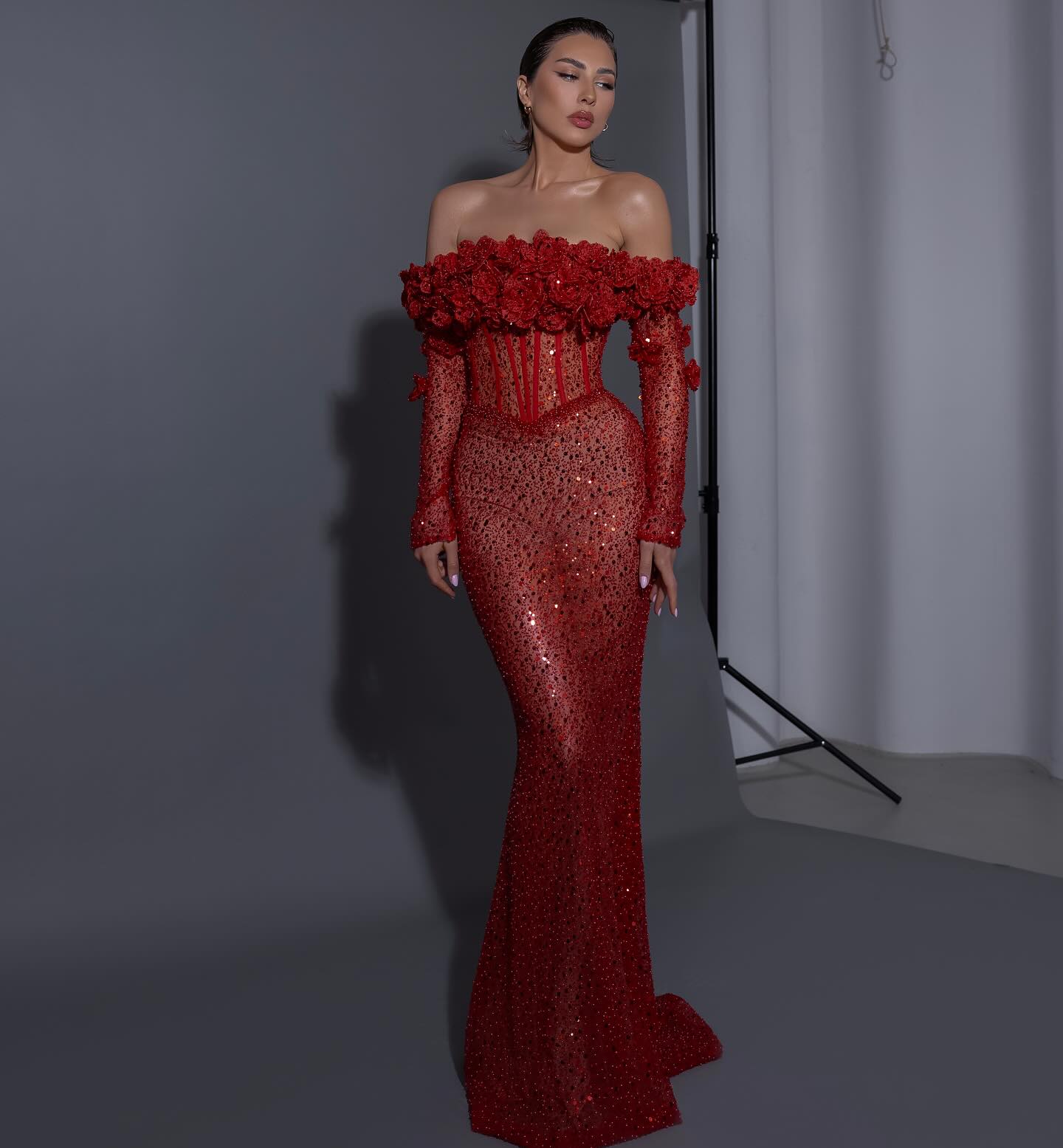 Long Sleeve Floral Bardot Sequin Maxi Dress Red HV1798