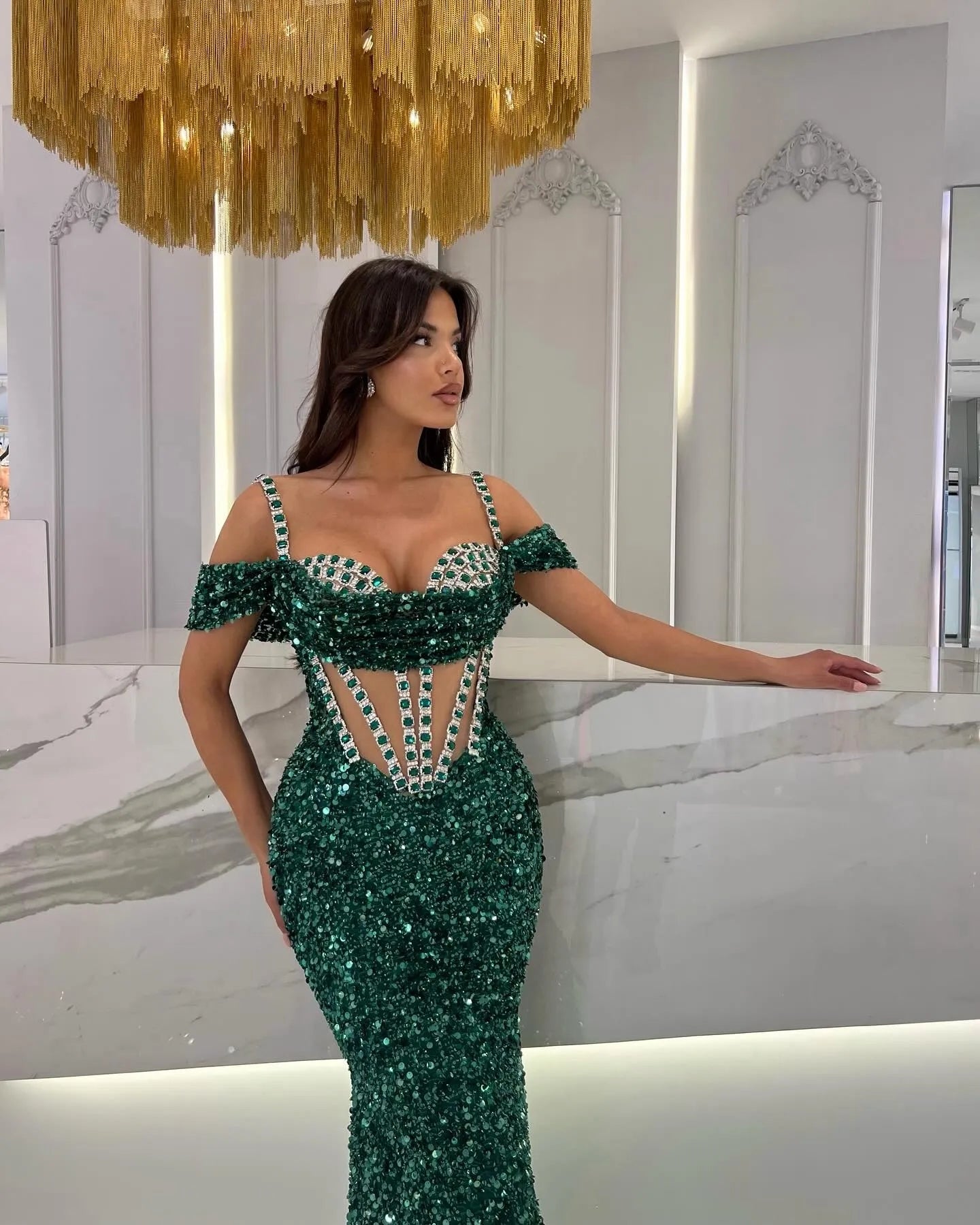 Crystal Corset Sequin Maxi Dress Green HV2002